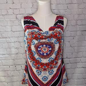 Premise Red, Blue & White Printed Cowl Neck Tank Large